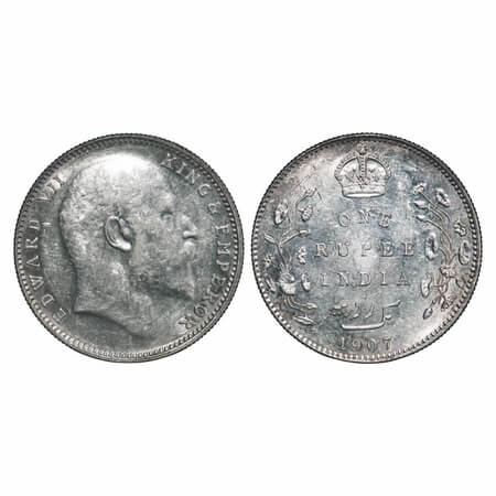 Edward VII, Silver, Rupee, 1907, Bombay Mint, No 'B' only dot on Vine. F. Prid Unlisted. G