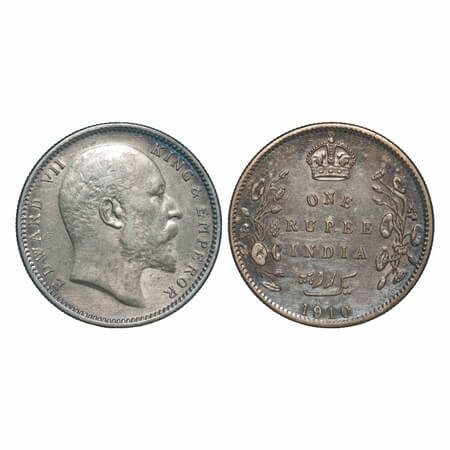 Edward VII, Silver, Rupee, 1910, Calcutta Mint, No mint mark. F. Prid 196. GK 955. About E
