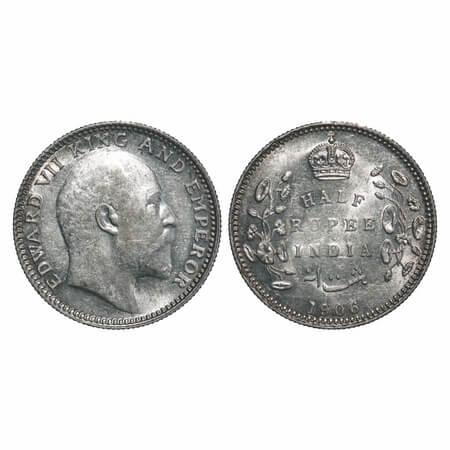 Edward VII, Silver, Half Rupee, 1906, Calcutta Mint, No mint mark. F. Prid 310. GK 964. Ab