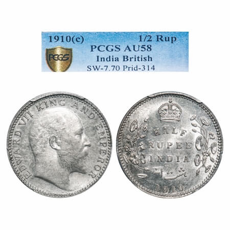 Edward VII, Silver, Half Rupee, 1910, Calcutta Mint, No mint mark. F. Prid 314. GK 971. PC