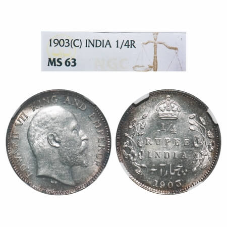 Edward VII, Silver, 1/4 Rupee, 1903, Calcutta Mint, No mint mark. F. Prid 432. GK 972. NGC