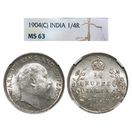 Edward VII, Silver, 1/4 Rupee, 1904, Calcutta Mint, No mint mark. F. Prid 433. GK 973. NGC