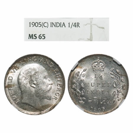 Edward VII, Silver, 1/4 Rupee, 1905, Calcutta Mint, No mint mark. F. Prid 434. GK 974. NGC
