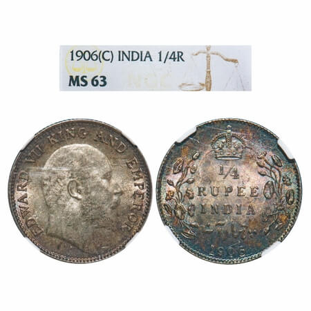 Edward VII, Silver, 1/4 Rupee, 1906, Calcutta Mint, No mint mark. F. Prid 435. GK 975. NGC