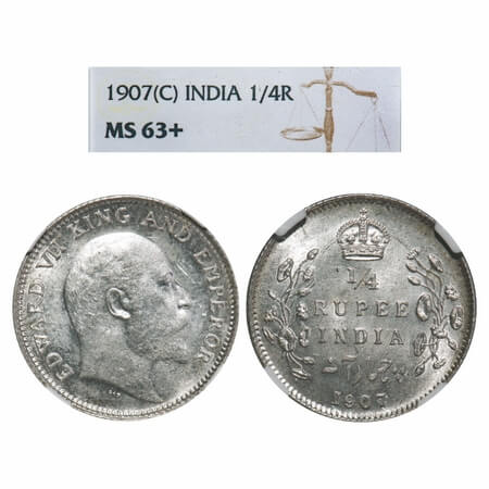 Edward VII, Silver, 1/4 Rupee, 1907, Calcutta Mint, No mint mark. F. Prid 436. GK 976. NGC