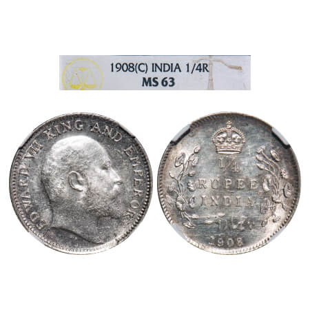 Edward VII, Silver, 1/4 Rupee, 1908, Calcutta Mint, No mint mark. F. Prid 437. GK 977. NGC
