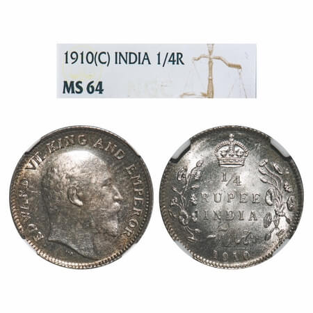 Edward VII, Silver, 1/4 Rupee, 1910, Calcutta Mint, No mint mark. F. Prid 439. GK 978. NGC
