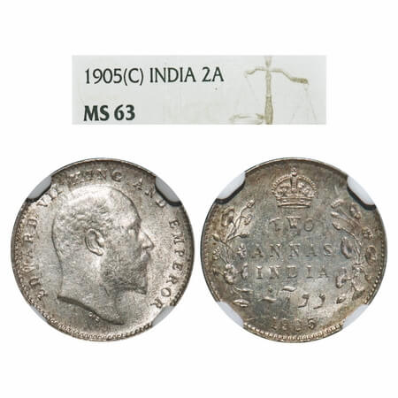 Edward VII, Silver, 2 Annas, 1905, Calcutta Mint, No mint mark. F. Prid 558. GK 982. NGC S