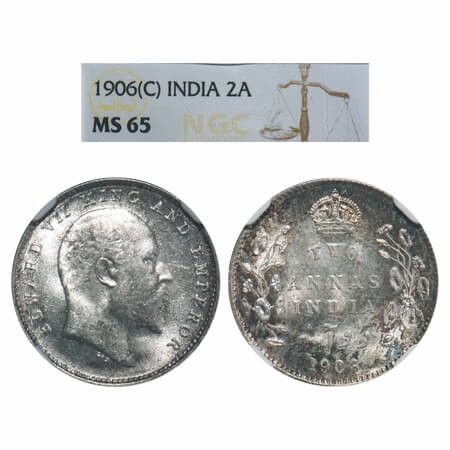 Edward VII, Silver, 2 Annas, 1906, Calcutta Mint, No mint mark. F. Prid 559. GK 983. NGC S