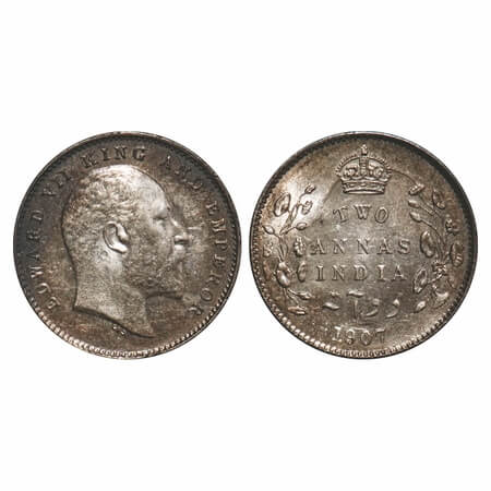 Edward VII, Silver, 2 Annas, 1907, Calcutta Mint, No mint mark, Ghost on Rev. F. Prid 560.