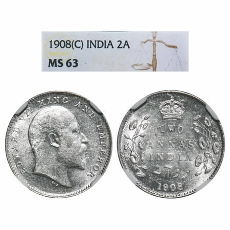 Edward VII, Silver, 2 Annas, 1908, Calcutta Mint, No mint mark. F. Prid 561. GK 985. NGC S