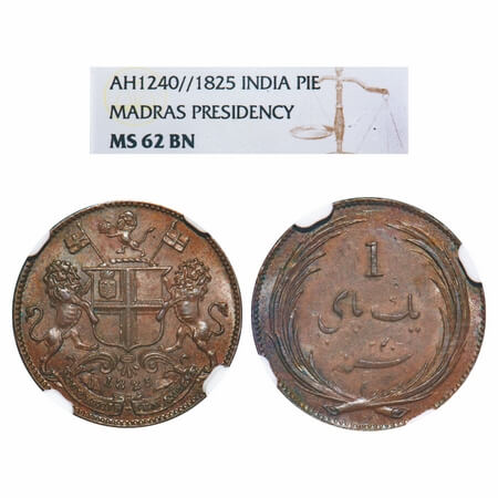 Madras Presidency, Copper Pice, 1825 AD, sruck at Royal Mint, Obv: Coat of Arms of Company