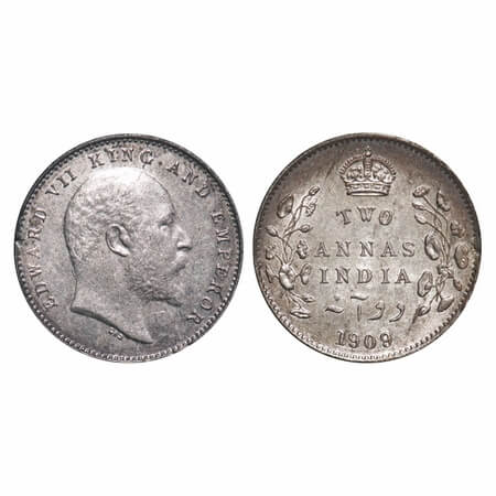 Edward VII, Silver, 2 Annas, 1909, Calcutta Mint, No mint mark, Planchet flaw on Obv & Rev