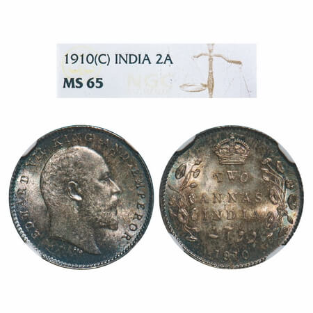 Edward VII, Silver, 2 Annas, 1910, Calcutta Mint, No mint mark. F. Prid 563. GK 987. NGC S