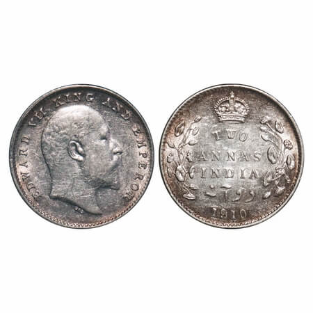 Edward VII, Silver, 2 Annas, 1910, Bombay Mint, Dot. F. Prid Unlisted. GK 988. Extremely F