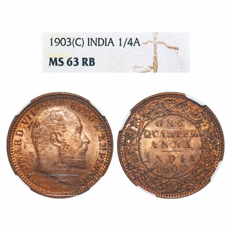 Edward VII, Copper, Quarter Anna, 1903, Calcutta Mint, No mint mark. F. Prid 646. GK 994. 