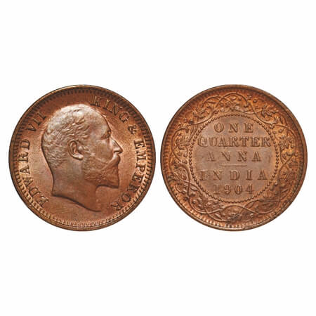 Edward VII, Copper, Quarter Anna, 1904, Calcutta Mint, No mint mark. F. Prid 647. GK 995. 