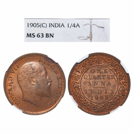 Edward VII, Copper, Quarter Anna, 1905, Calcutta Mint, No mint mark. F. Prid 649. GK 996. 