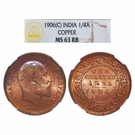 Edward VII, Copper, Quarter Anna, 1906, Calcutta Mint, No mint mark. F. Prid 650. GK 997. 