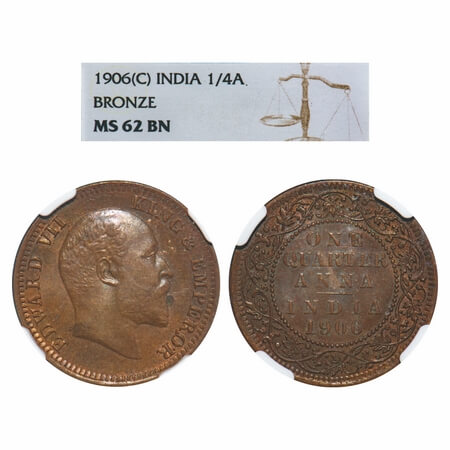 Edward VII, Bronze, Quarter Anna, 1906, Calcutta Mint, No mint mark. F. Prid 651. GK 998. 