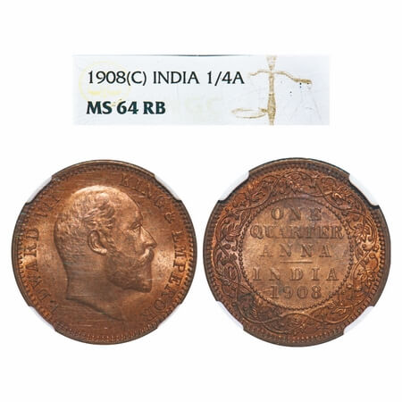 Edward VII, Bronze, Quarter Anna, 1908, Calcutta Mint, No mint mark. F. Prid 653. GK 1000.