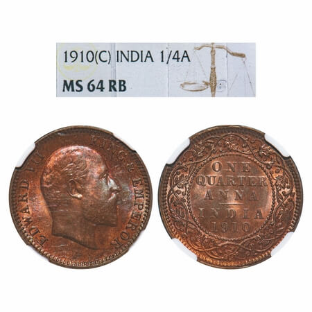 Edward VII, Bronze, Quarter Anna, 1910, Calcutta Mint, No mint mark. F. Prid 655. GK 1002.