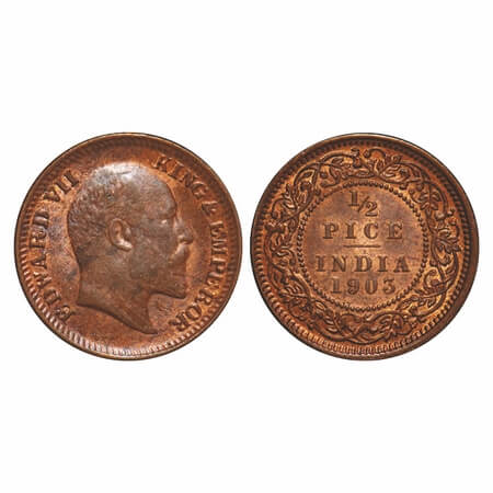 Edward VII, Copper, 1/2 Pice, 1903, Calcutta Mint, No mint mark. F. Prid 735. GK 1003. Unc