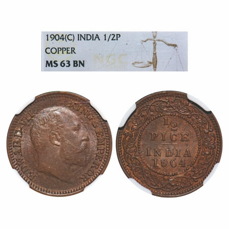Edward VII, Copper, 1/2 Pice, 1904, Calcutta Mint, No mint mark. F. Prid 736. GK 1004. NGC