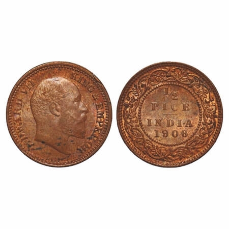 Edward VII, Copper, 1/2 Pice, 1906, Calcutta Mint, No mint mark. F. Prid 739. GK 1006. Unc
