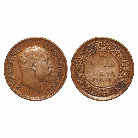 Edward VII, Bronze, 1/2 Pice, 1906, (2.27gm), (0.98 mm - 1.02 mm thickness), Calcutta Mint