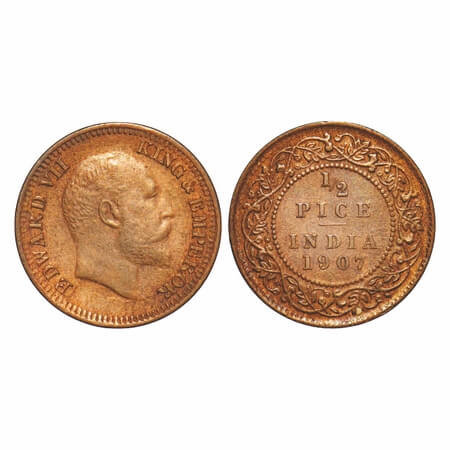 Edward VII, Bronze, 1/2 Pice, 1907, Calcutta Mint, No mint mark. F. Prid 741. GK 1008. Ext