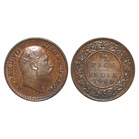 Edward VII, Bronze, 1/2 Pice, 1908, Calcutta Mint, No mint mark, Ghost on Obv & Rev. F. Pr