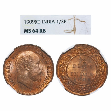 Edward VII, Bronze, 1/2 Pice, 1909, Calcutta Mint, No mint mark. F. Prid 743. GK 1010. NGC