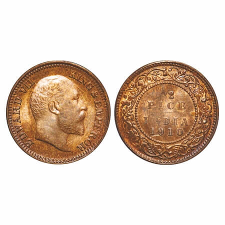 Edward VII, Bronze, 1/2 Pice, 1910, Calcutta Mint, No mint mark, Ghost on Obv & Rev. F. Pr