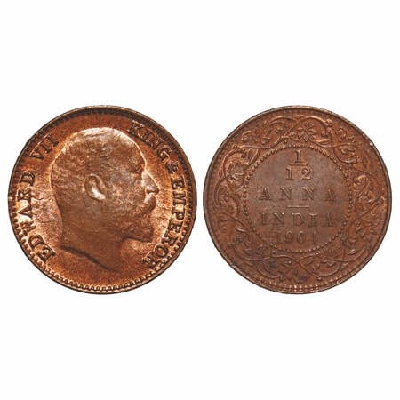 Edward VII, Copper, 1/12 Anna, 1904, Calcutta Mint, No mint mark, Multiple die cracks on O