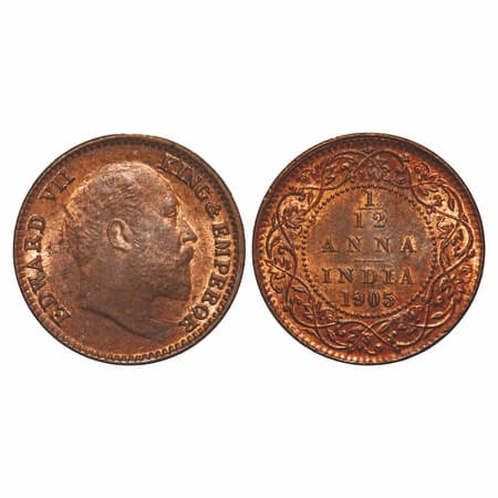 Edward VII, Copper, 1/12 Anna, 1905, Calcutta Mint, No mint mark. F. Prid 820. GK 1014. Un