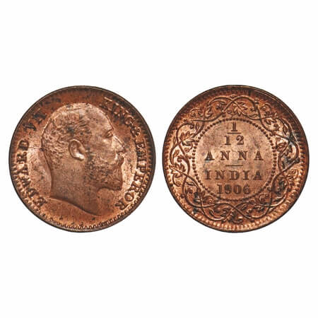 Edward VII, Copper, 1/12 Anna, 1906, (2.21gm), Calcutta Mint, No mint mark. F. Prid 821. G