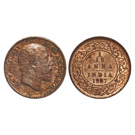 Edward VII, Bronze, 1/12 Anna, 1907, Calcutta Mint, No mint mark, Multiple die cracks on O