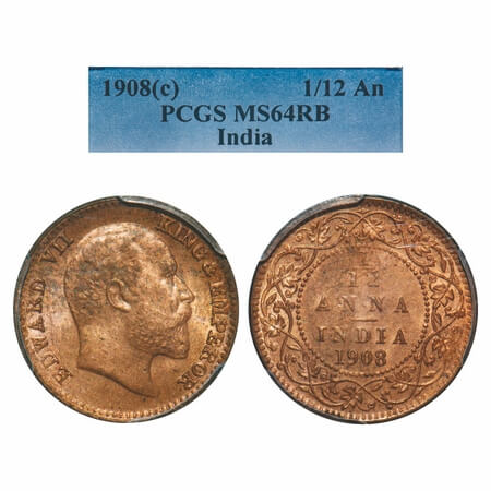 Edward VII, Bronze, 1/12 Anna, 1908, Calcutta Mint, No mint mark. F. Prid 823. GK 1017. PC
