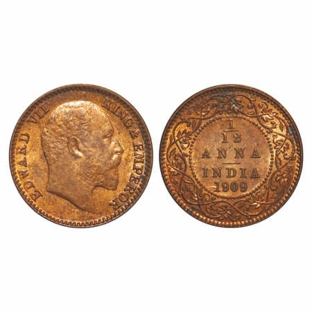 Edward VII, Bronze, 1/12 Anna, 1909, Calcutta Mint, No mint mark. F. Prid 825. GK 1019. Un