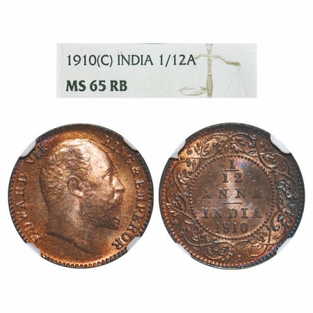 Edward VII, Bronze, 1/12 Anna, 1910, Calcutta Mint, No mint mark. F. Prid 826. GK 1020. NG