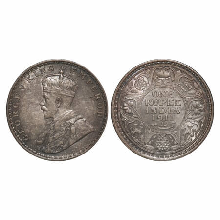 George V, Silver, Rupee, 1911, Calcutta Mint, No dot, Pig-type. F. Prid 207. GK 1021. Unci