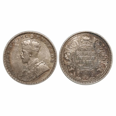 George V, Silver, Rupee, 1916, Calcutta Mint, No dot, Elephant-type. F. Prid 212. GK 1033.