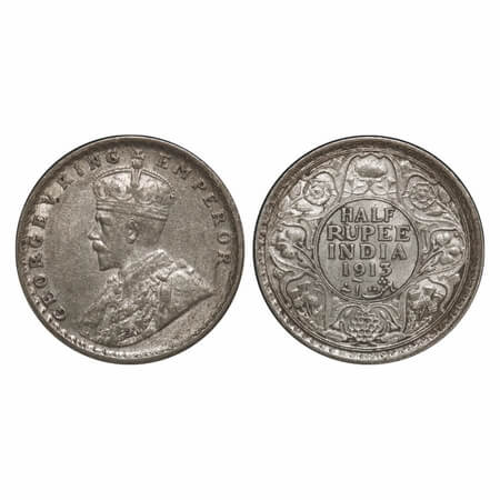 George V, Silver, Half Rupee, 1913, Calcutta Mint, No dot, Elephant. F. Prid 320. GK 1048.
