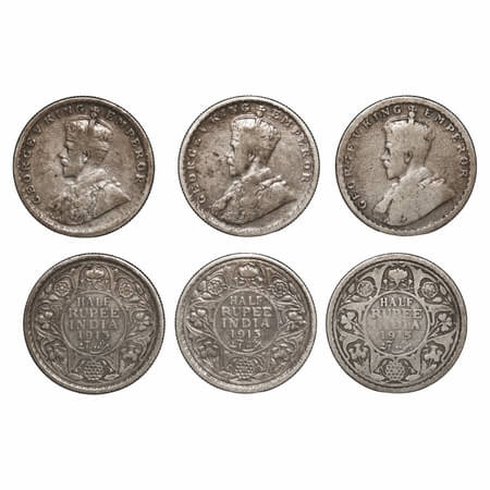 George V, Silver, Half Rupee, (3 coins), 1) 1913, Calcutta Mint, No dot, Elephant, 2) 1913