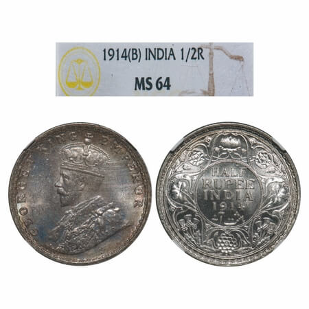 George V, Silver, Half Rupee, 1914, Bombay Mint, Dot, Elephant. F. Prid 338. GK 1051. NGC 