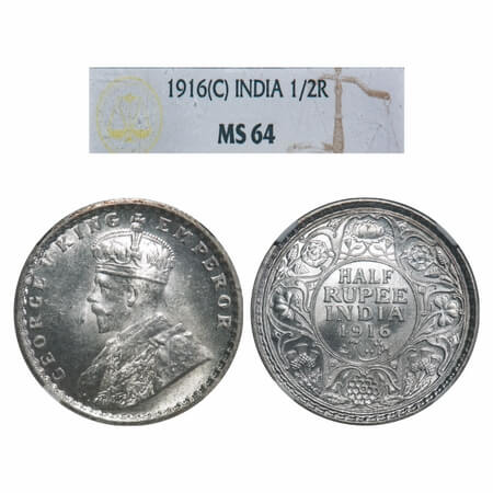 George V, Silver, Half Rupee, 1916, Calcutta Mint, No dot, Elephant. F. Prid 323. GK 1053.