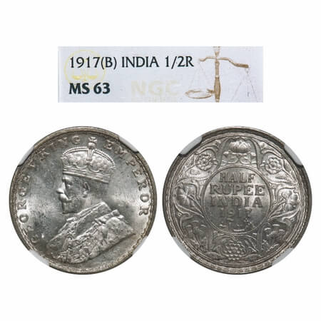 George V, Silver, Half Rupee, 1917, Bombay Mint, Dot, Elephant. F. Prid 341. GK 1055. NGC 