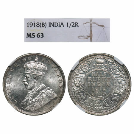 George V, Silver, Half Rupee, 1918, Bombay Mint, Dot, Elephant. F. Prid 342. GK 1056. NGC 