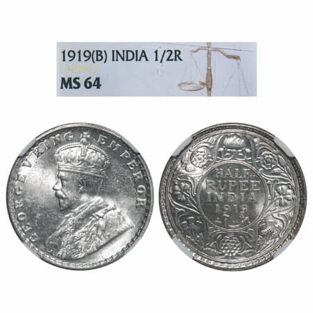 George V, Silver, Half Rupee, 1919, Bombay Mint, Dot, Elephant. F. Prid 343. GK 1057. NGC 